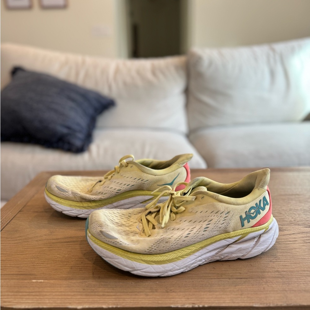 Hoka Lemon Running Shoes with Coral and Sky Accents